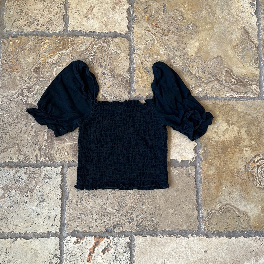 Black Cropped Puff Sleeve Top by Candidly Chan XS